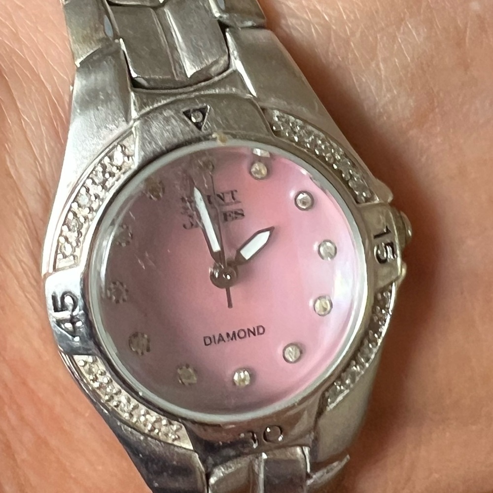 Saint James pink mother of pearl dial silver band watch